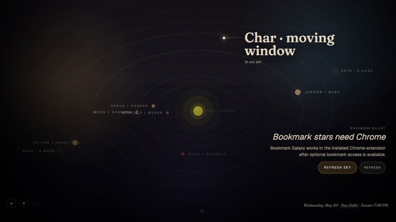 Wispdawn extension preview with orbiting planets and bookmark stars